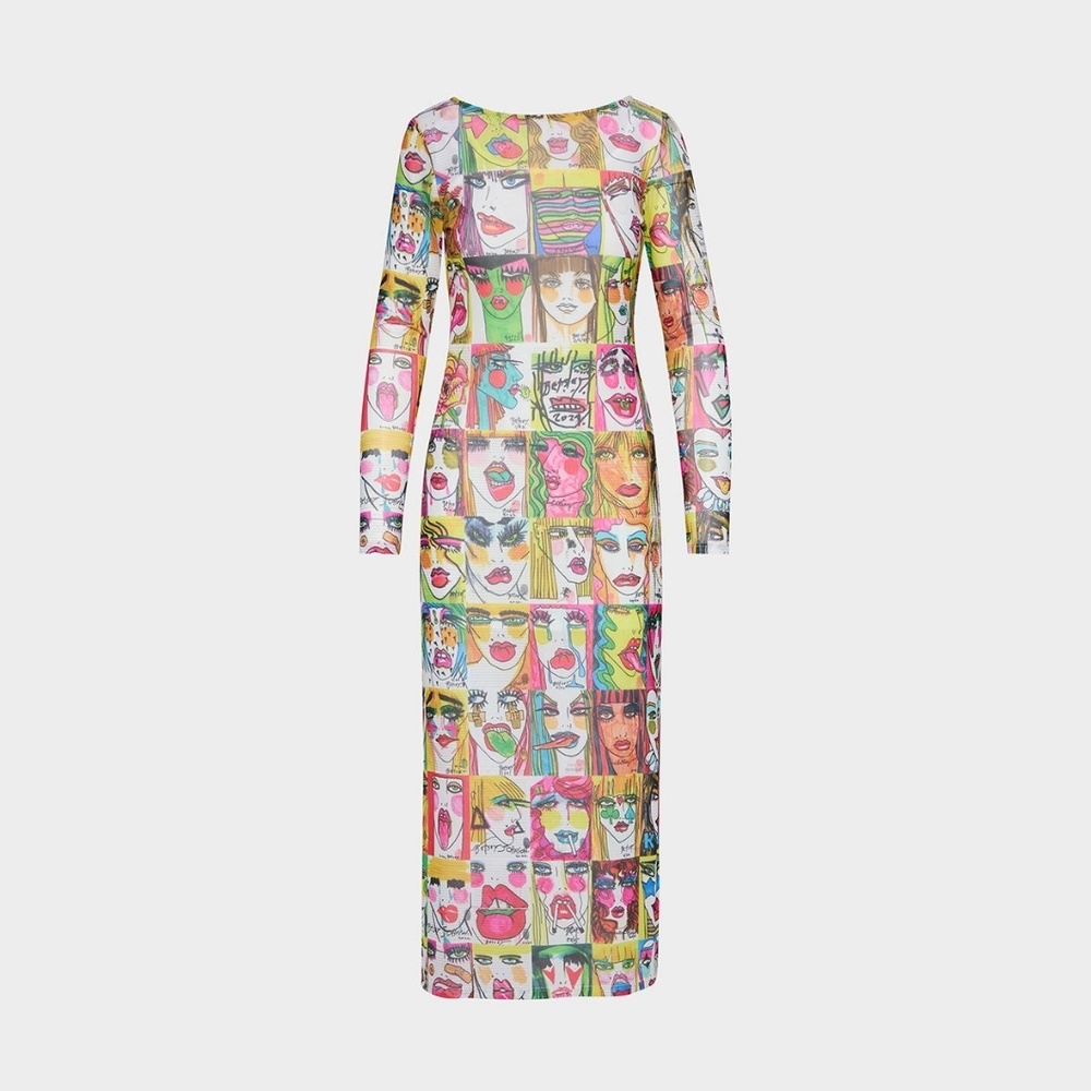 Betsey Johnson Colorful Pop Art Faces Long Sleeve Maxi Dress - Picture 7 of 9